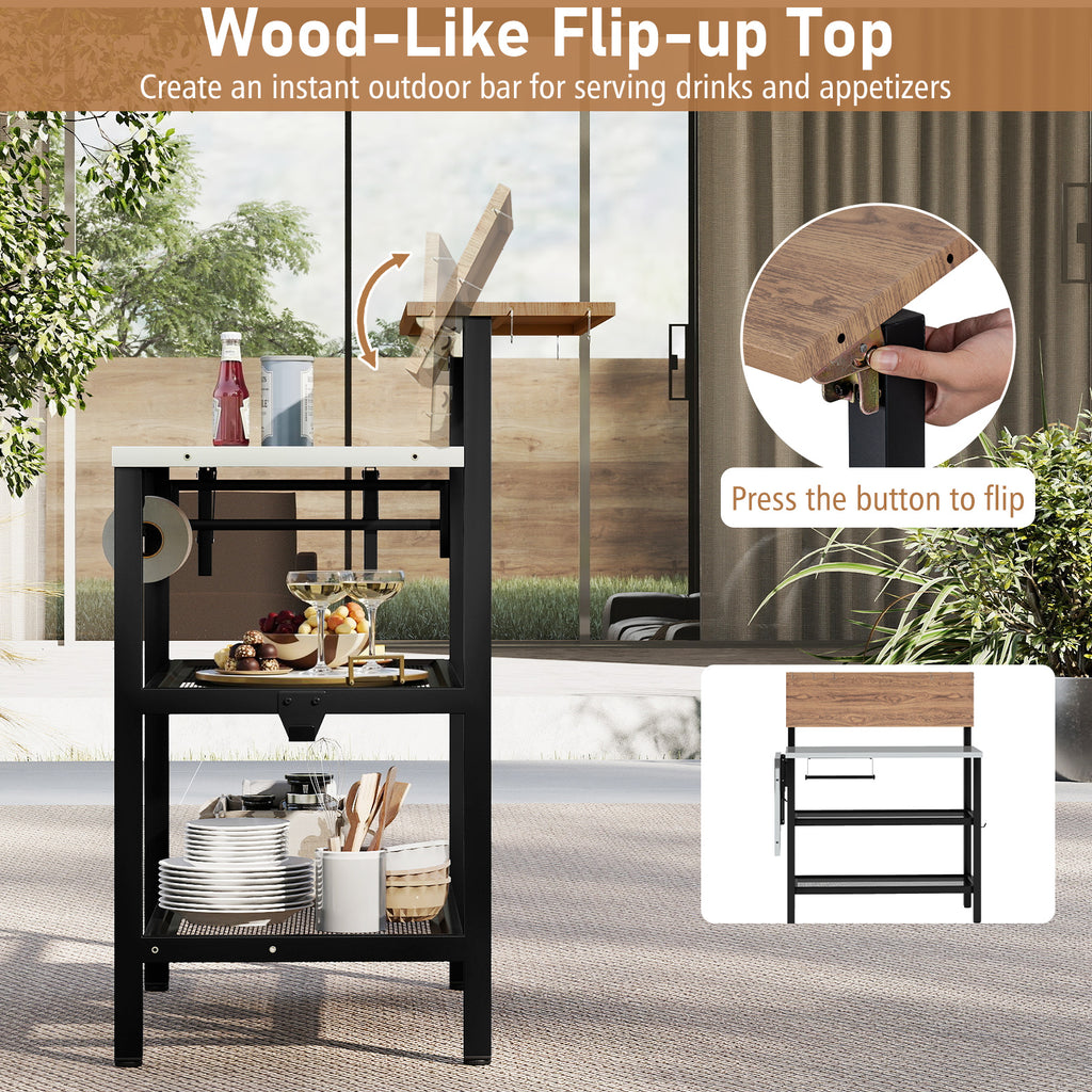 Foldable Grill Table with Flip-Up Top & Storage Shelves