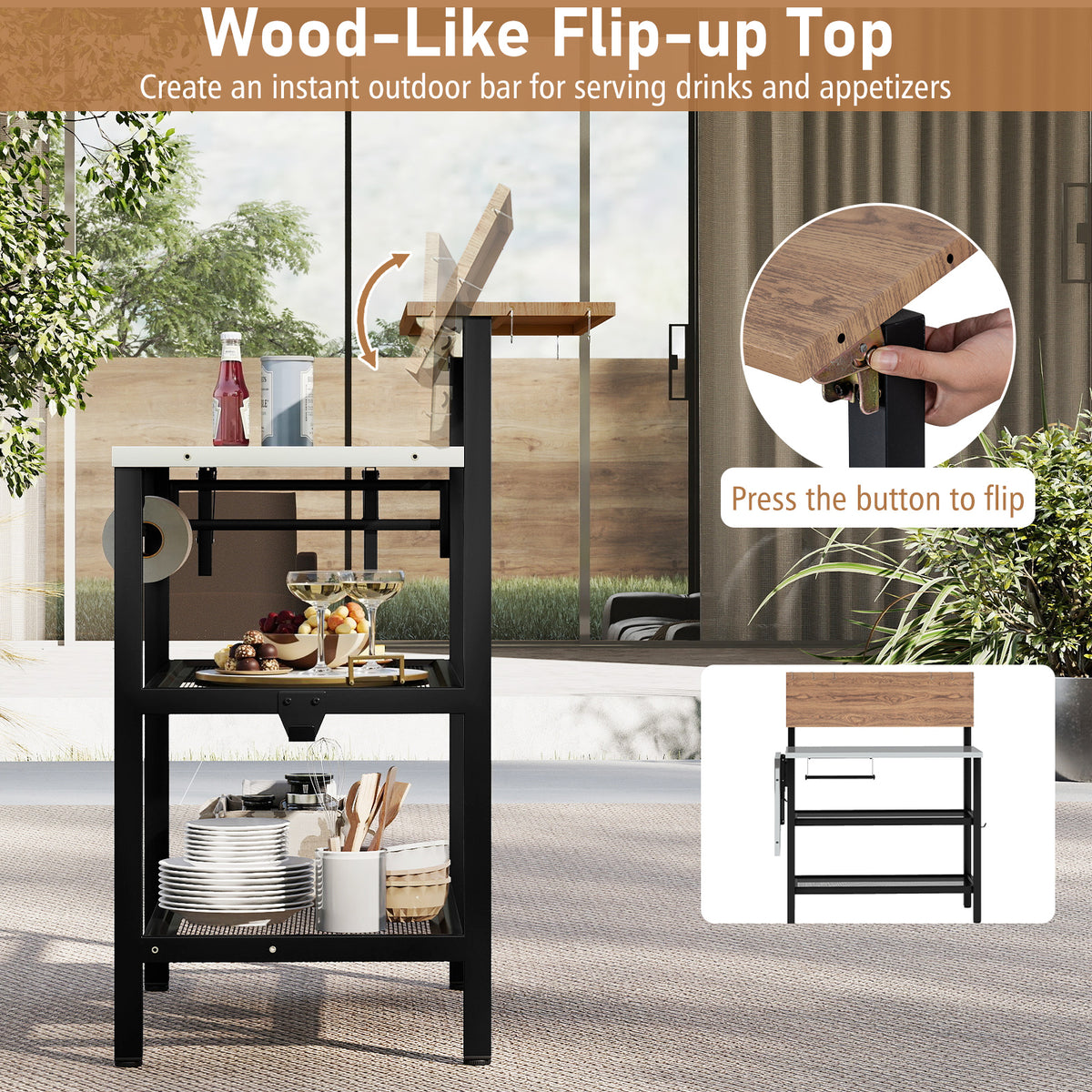 Foldable Grill Table with Flip-Up Top & Storage Shelves