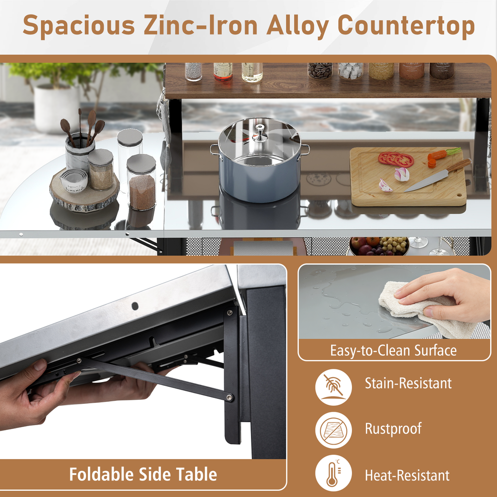 Foldable Grill Table with Flip-Up Top & Storage Shelves