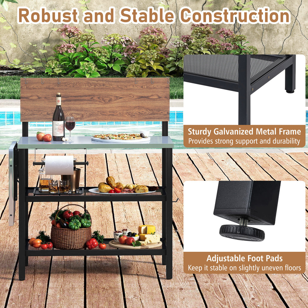 Foldable Grill Table with Flip-Up Top & Storage Shelves