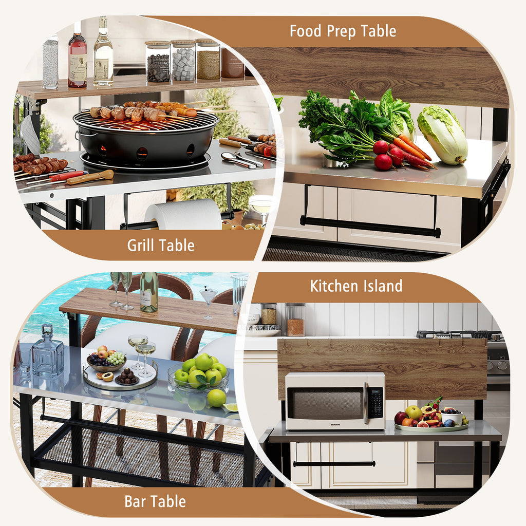 Foldable Grill Table with Flip-Up Top & Storage Shelves