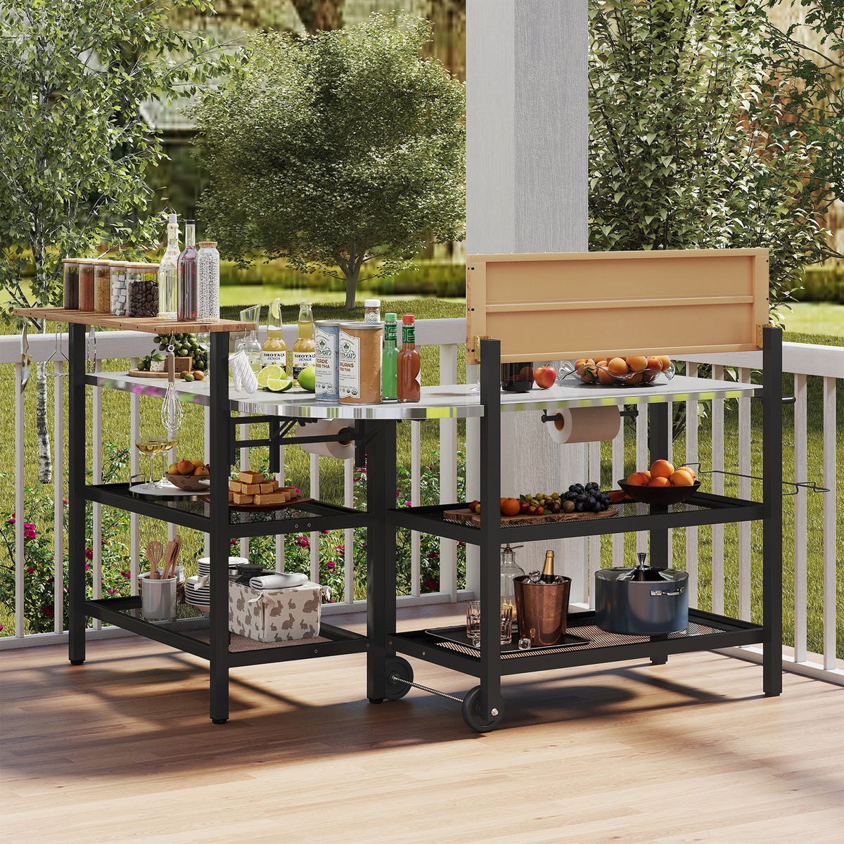 Foldable Grill Table with Flip-Up Top & Storage Shelves