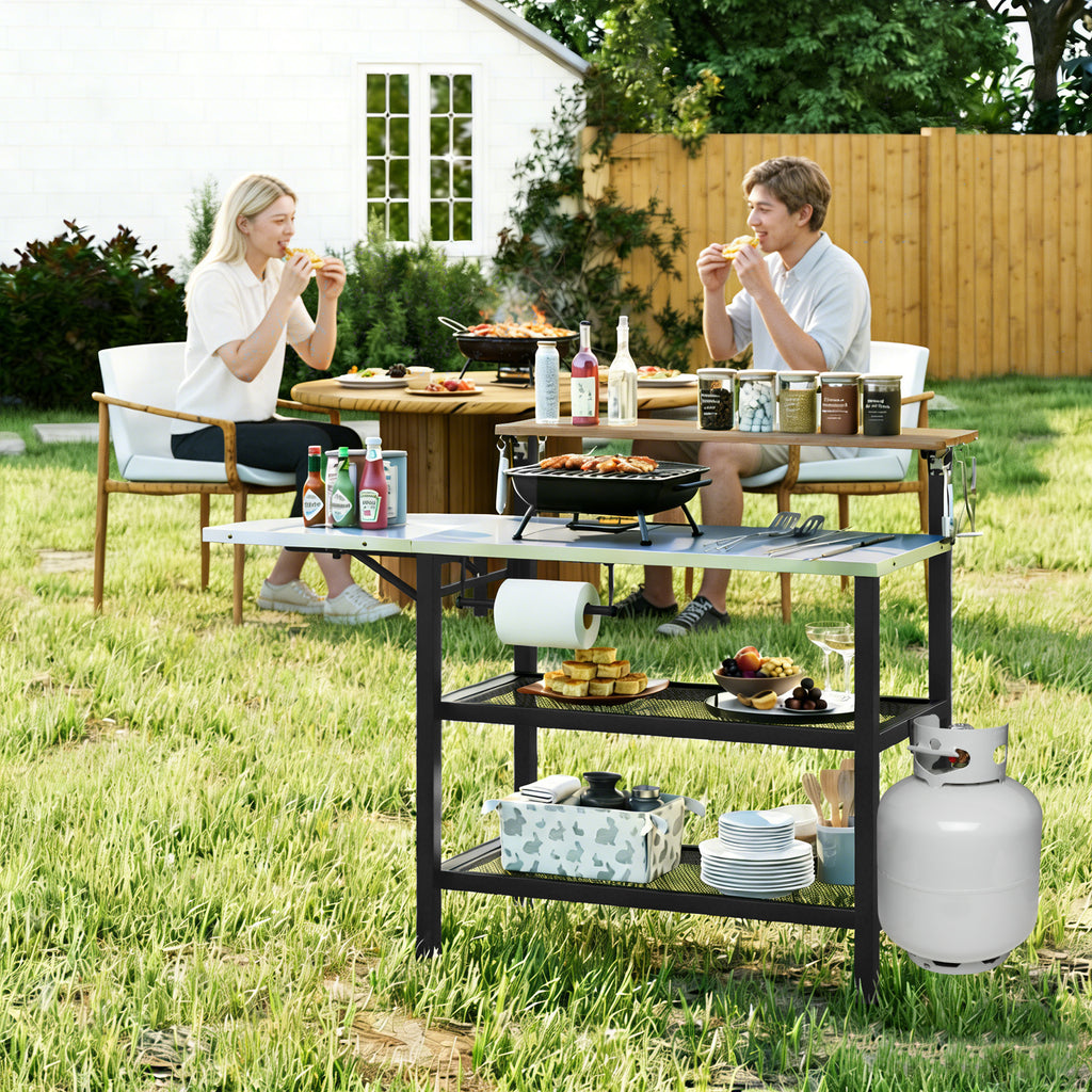 Foldable Grill Table with Flip-Up Top & Storage Shelves