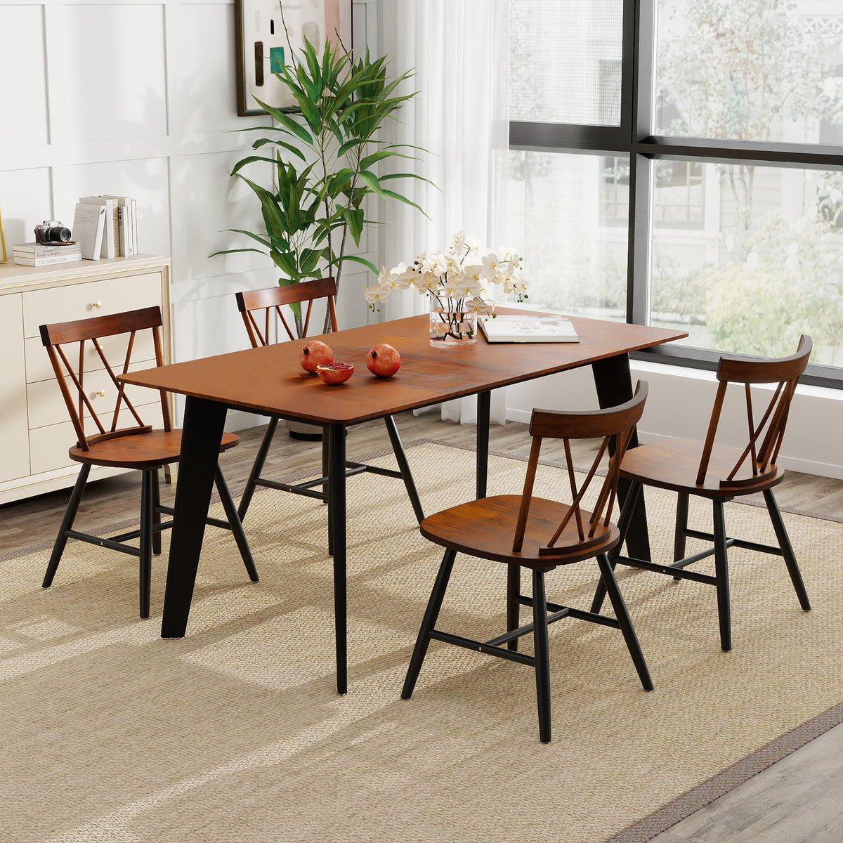 Set of 4 Dining Chairs, Dark Brown - Rubber Wood Frame