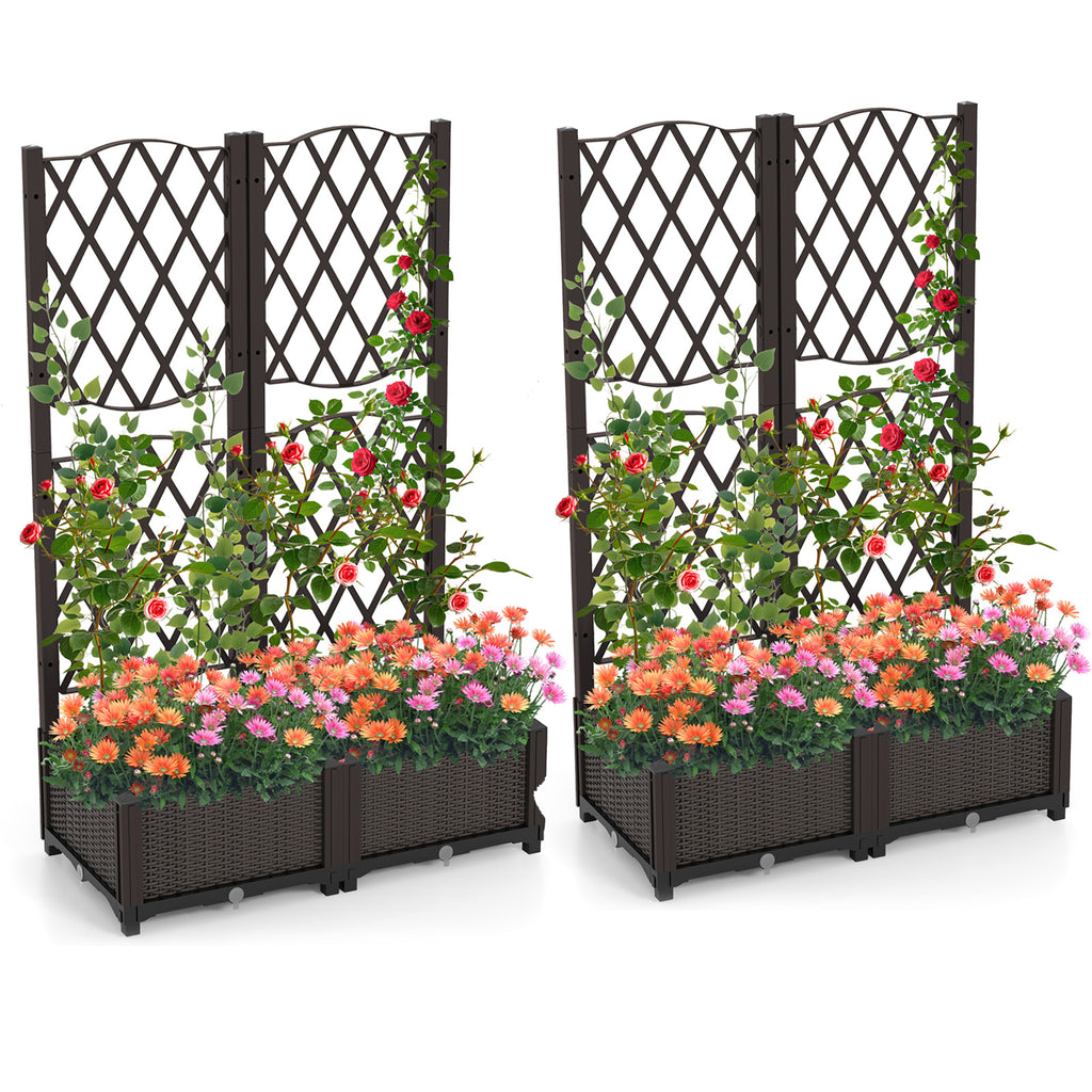 Set of 2 PE Rattan Raised Garden Bed with Trellis Planter Box for