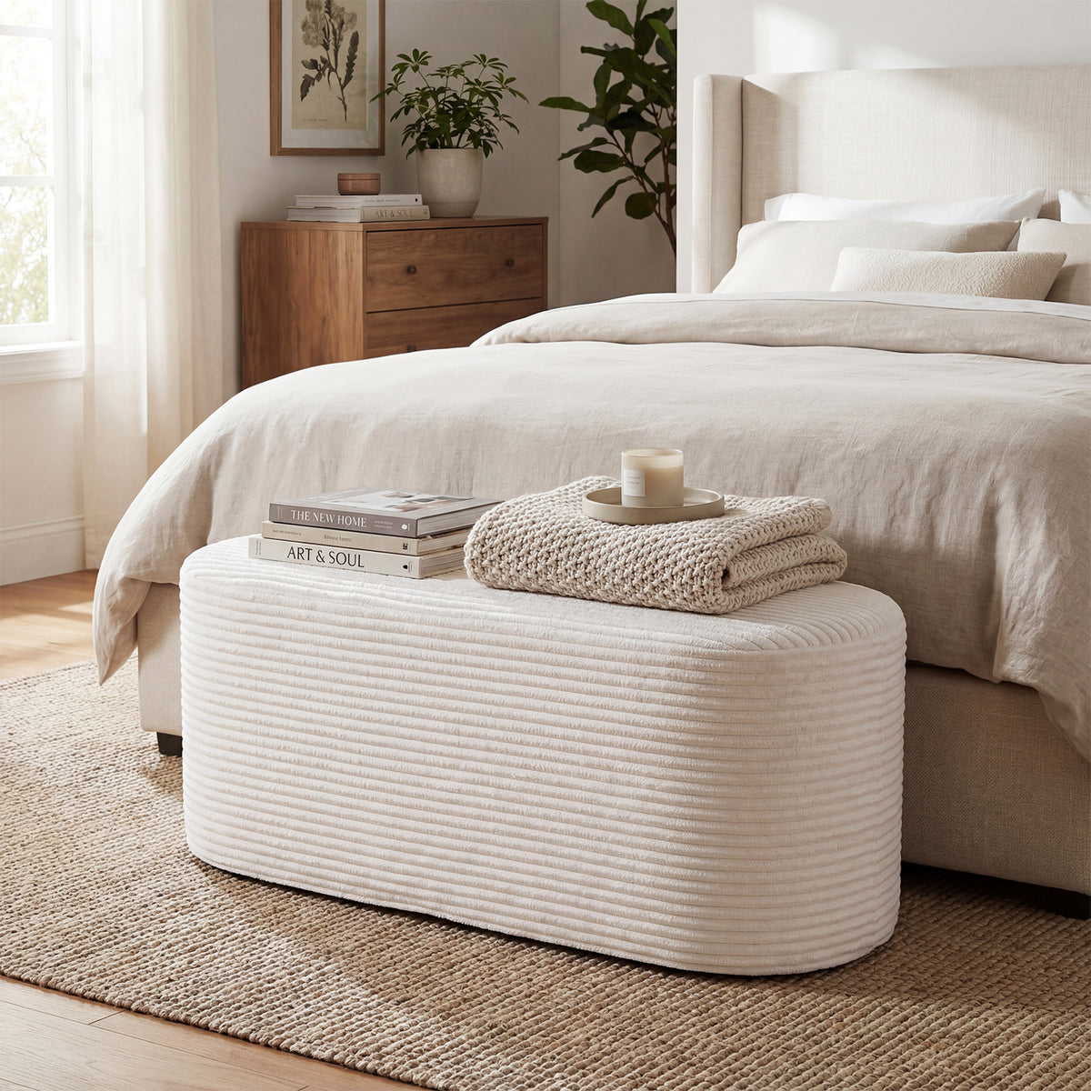 Upholstered Ottoman Bench with High-Density Sponge - Beige
