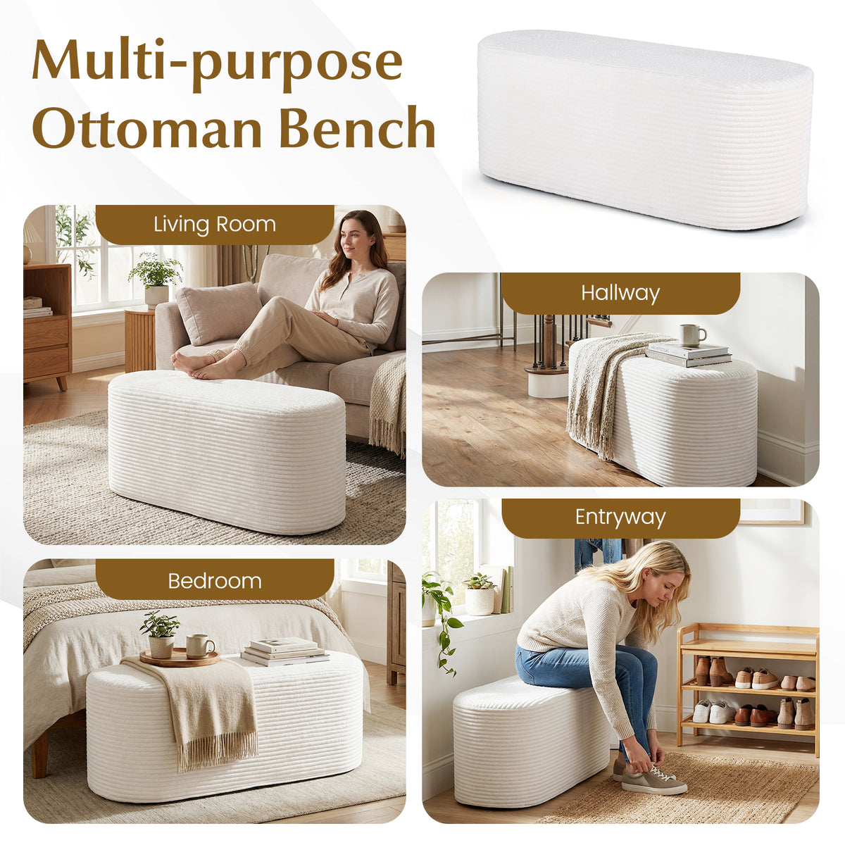 Upholstered Ottoman Bench with High-Density Sponge - Beige