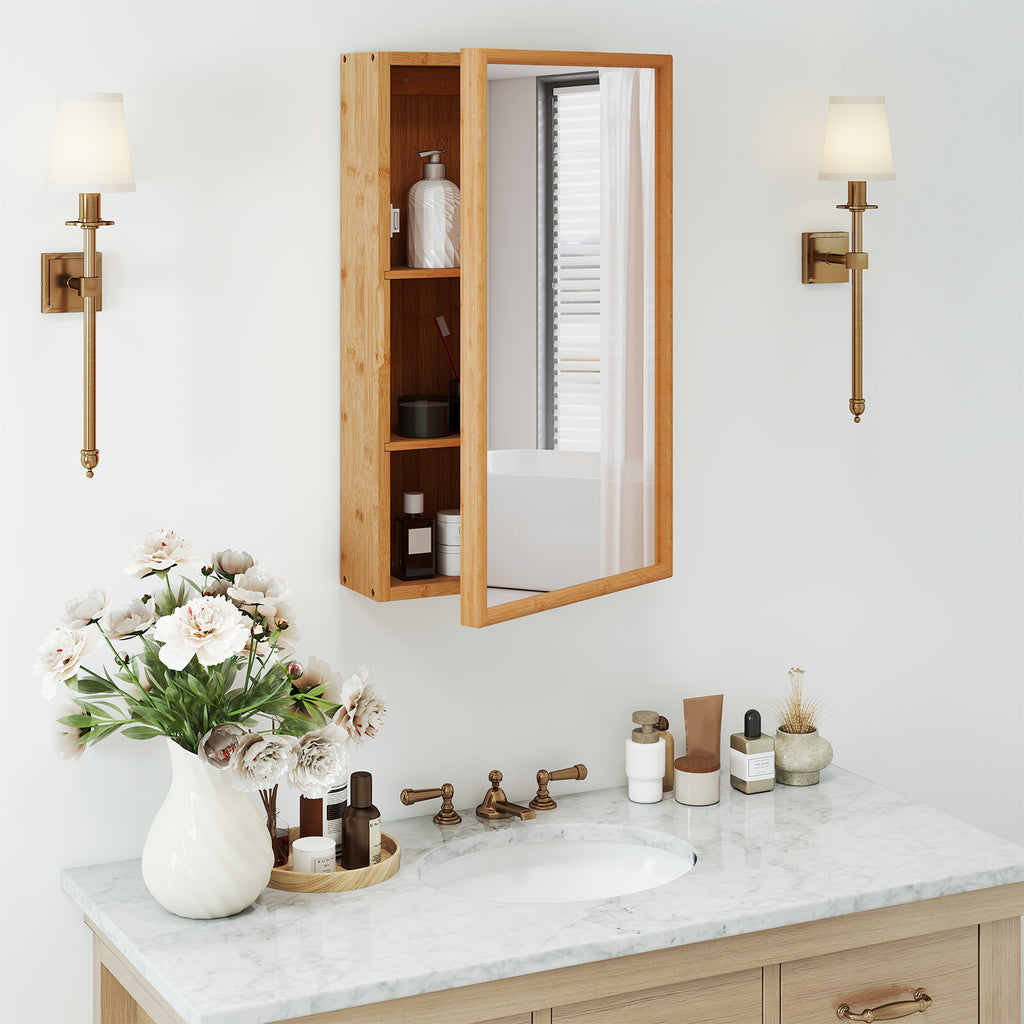 Bamboo Small Medicine Cabinet with Mirror Door and Removable Shelves