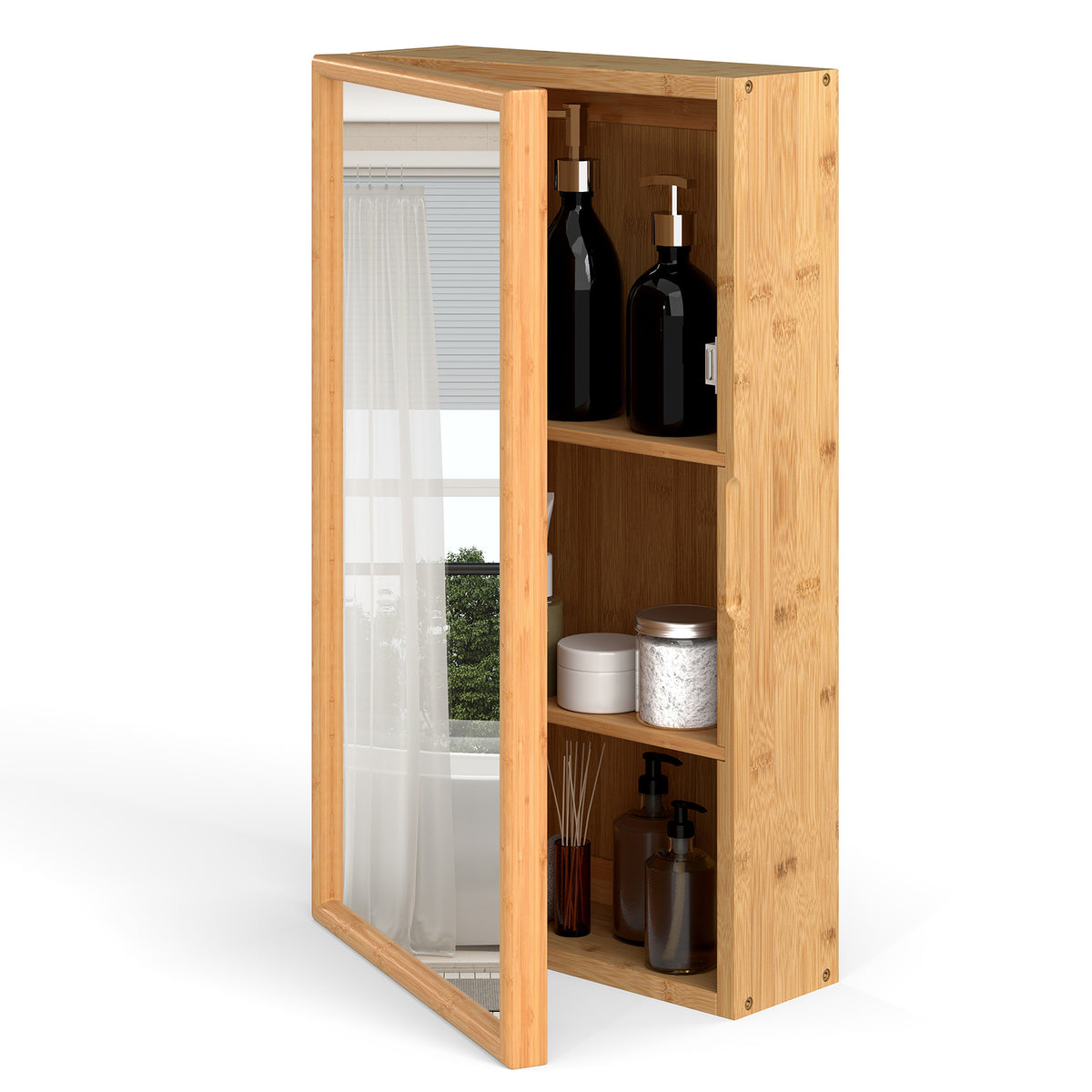 Bamboo Small Medicine Cabinet with Mirror Door and Removable Shelves