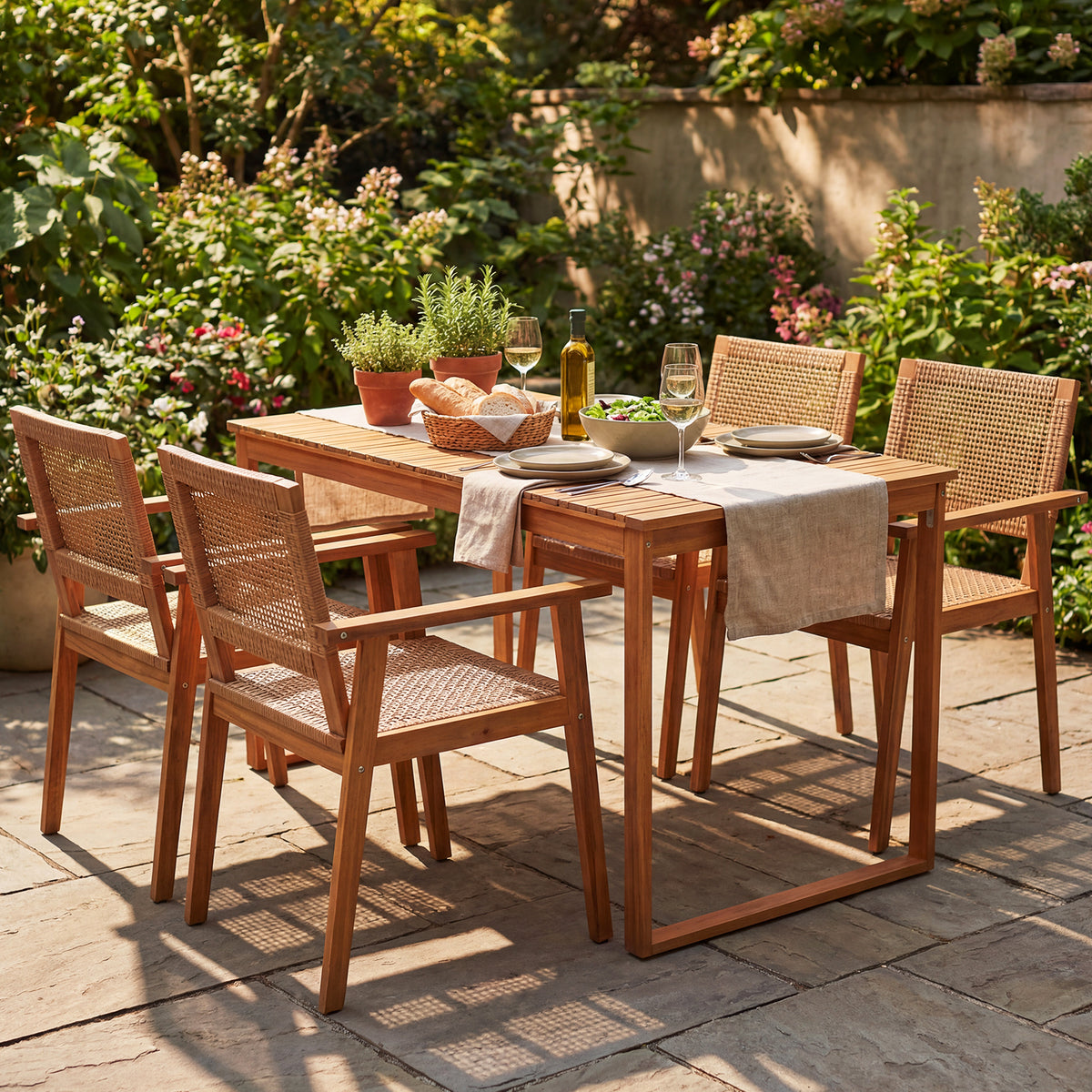 5-Piece Outdoor Dining Set - Acacia Wood & PE Rattan