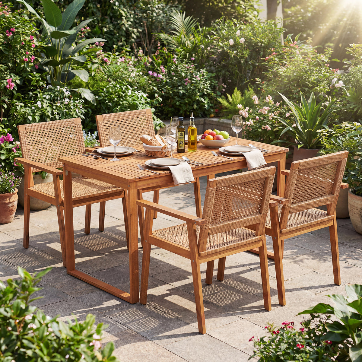5-Piece Outdoor Dining Set - Acacia Wood & PE Rattan