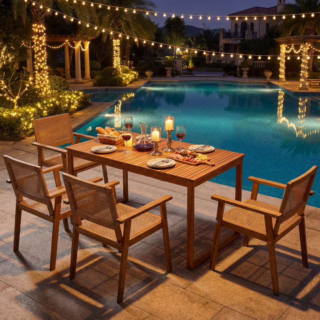 5-Piece Outdoor Dining Set - Acacia Wood & PE Rattan