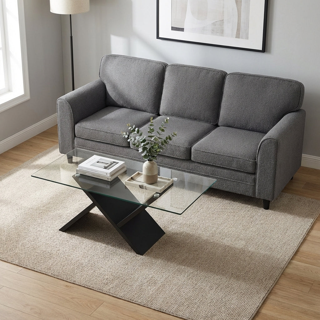 3-Seat Teddy Velvet Sofa + 47-Inch Glass Coffee Table Set