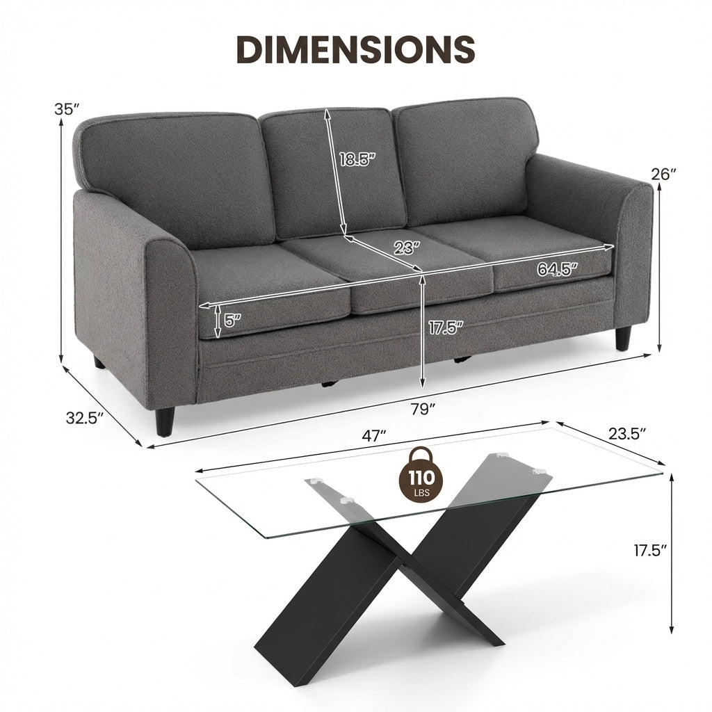 3-Seat Teddy Velvet Sofa + 47-Inch Glass Coffee Table Set