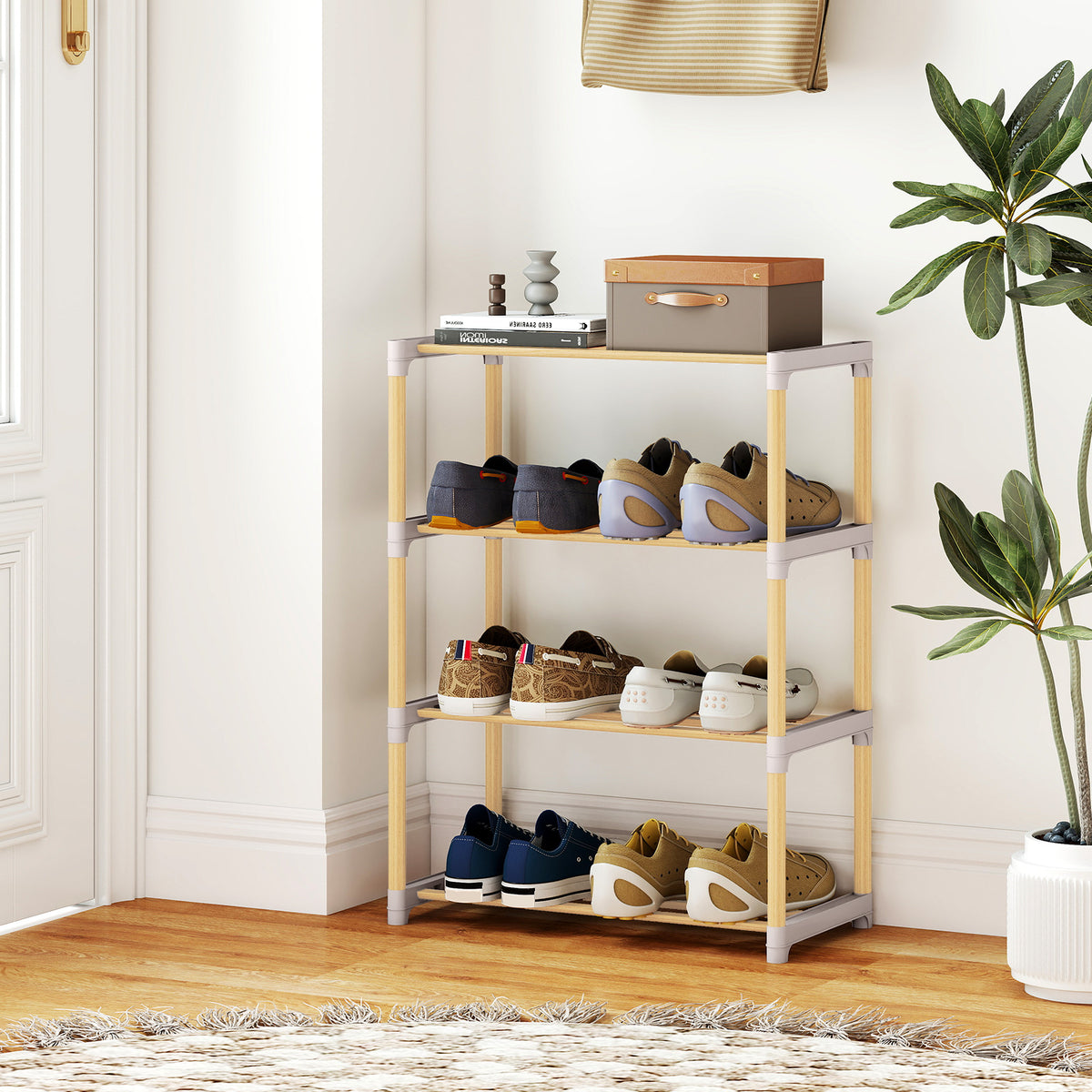 4-Tier Solid Wood Shoe Rack, Gray