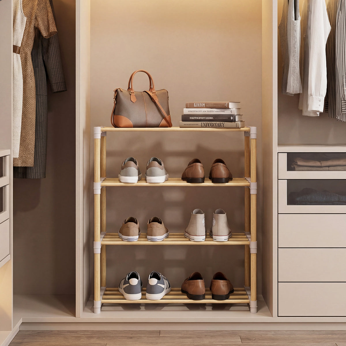 4-Tier Solid Wood Shoe Rack, Gray