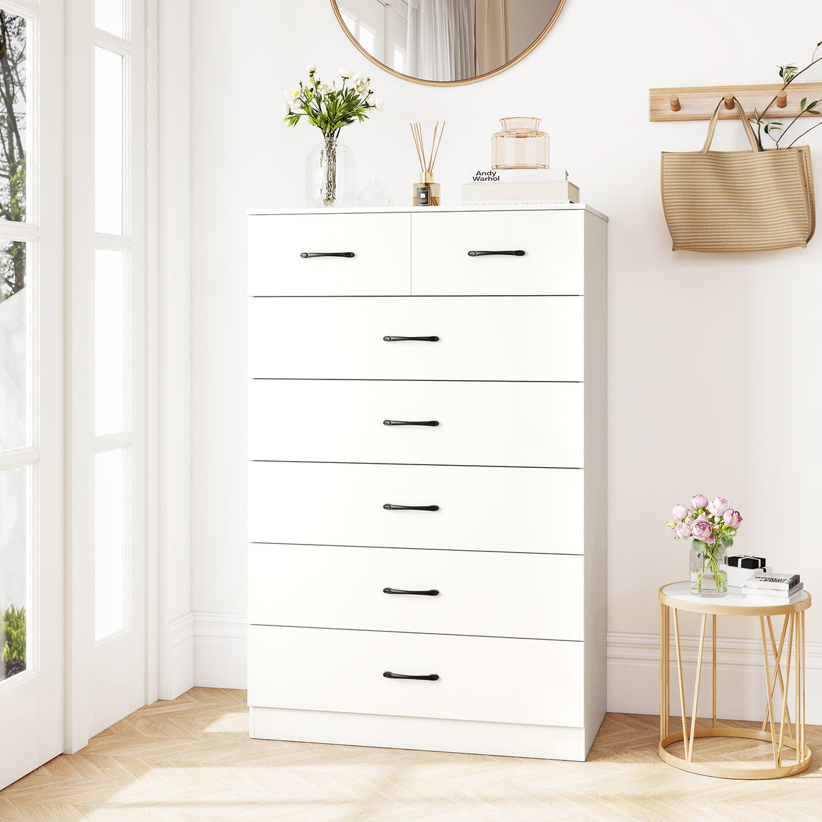 7-Drawer Tall Dresser with Metal Handles, Brown