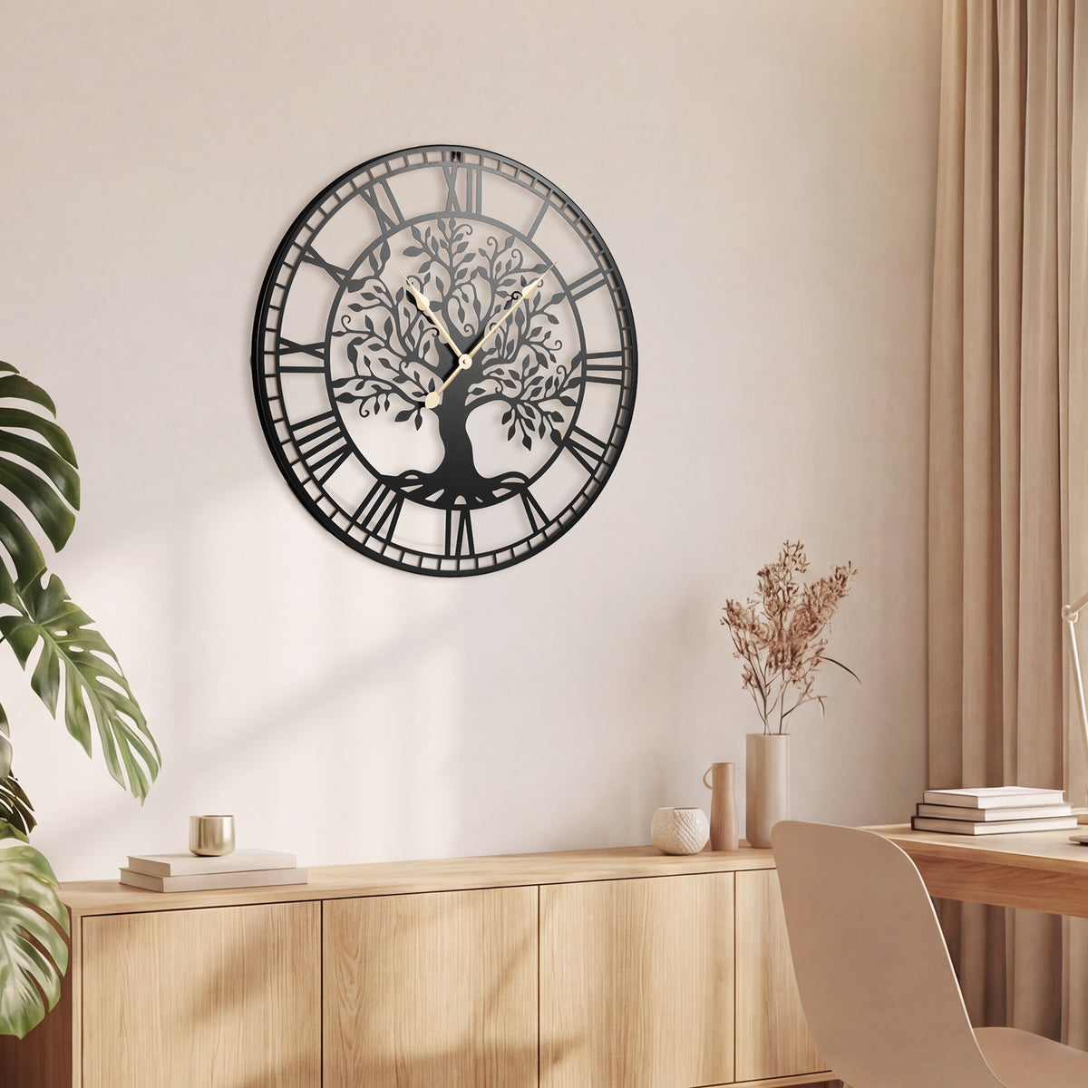Large Wall Clock 27 Inch Tree of Life Metal Wall Decor Black Variation