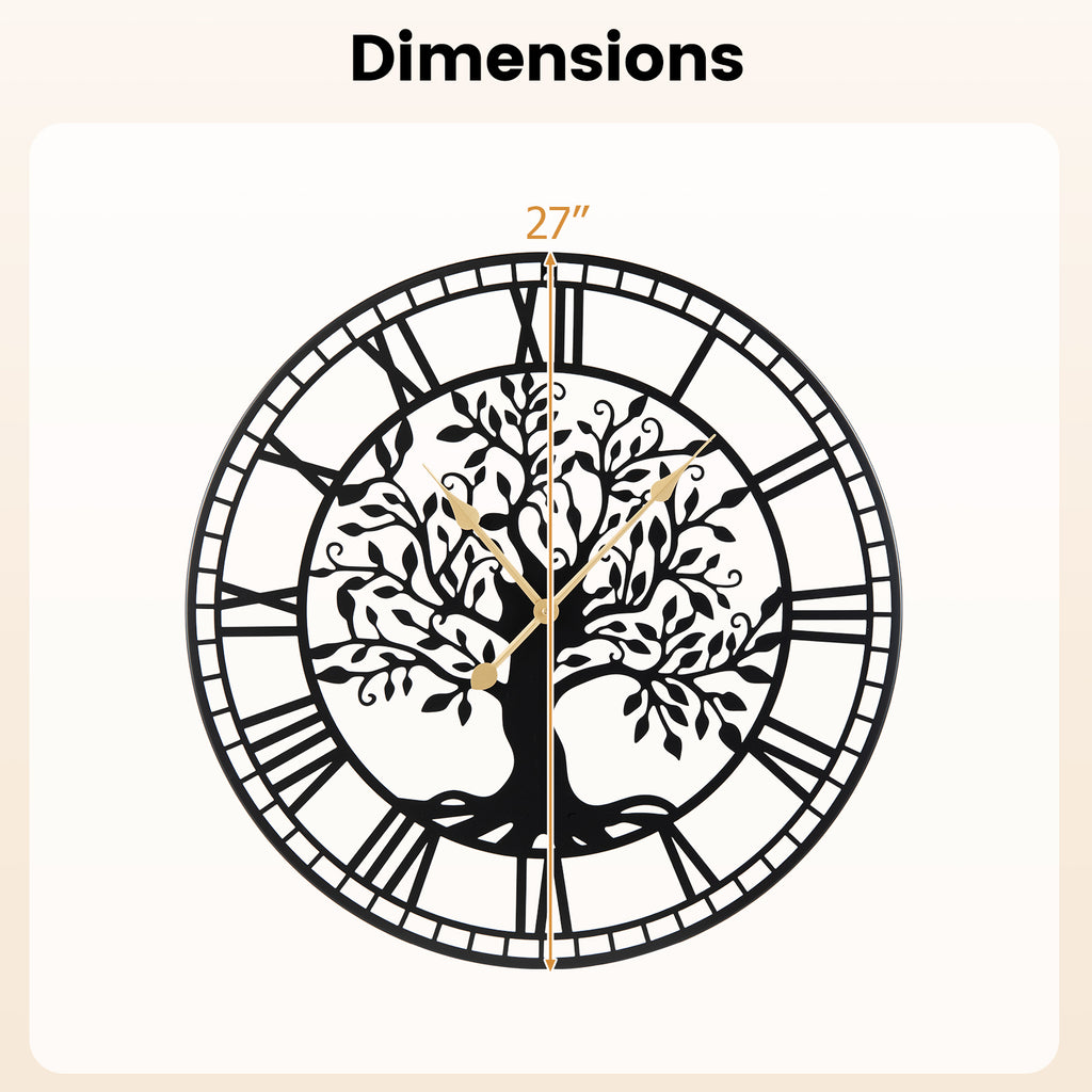 Large Wall Clock 27 Inch Tree of Life Metal Wall Decor Black Variation