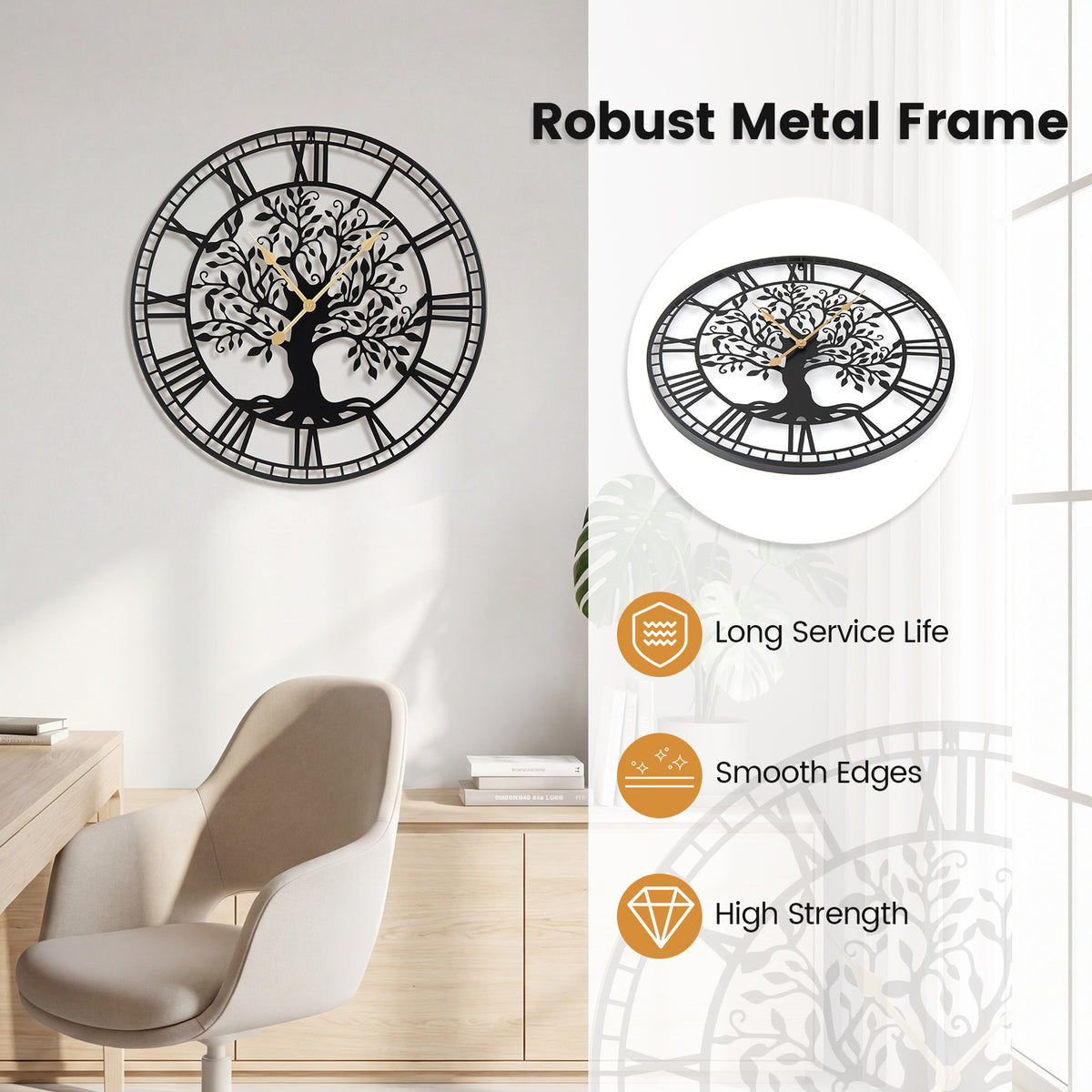 Large Wall Clock 27 Inch Tree of Life Metal Wall Decor Black Variation