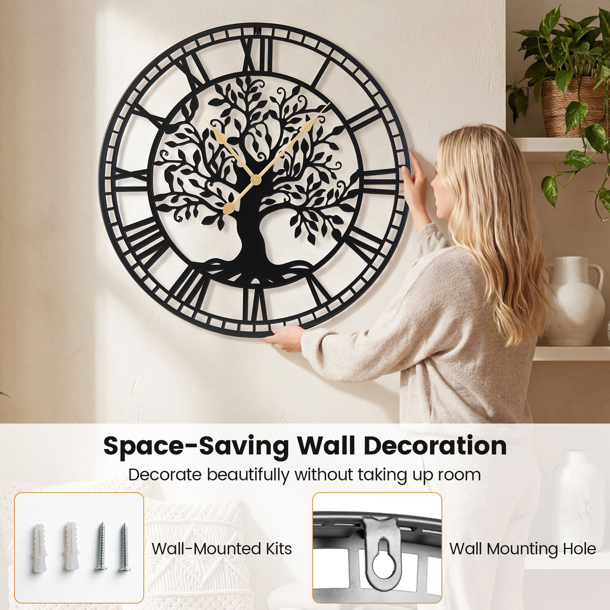 Large Wall Clock 27 Inch Tree of Life Metal Wall Decor Black Variation