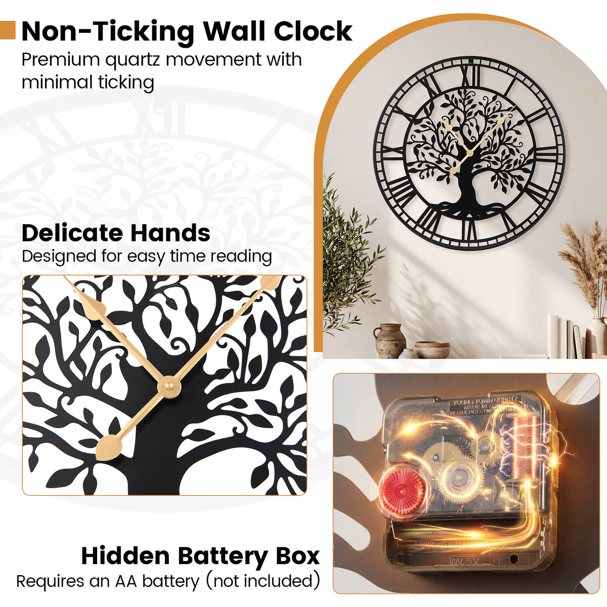 Large Wall Clock 27 Inch Tree of Life Metal Wall Decor Black Variation