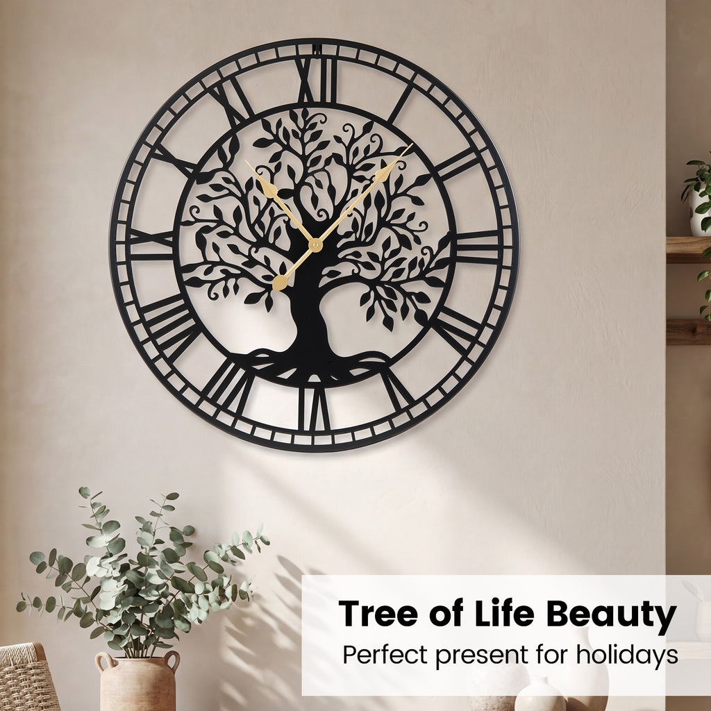 Large Wall Clock 27 Inch Tree of Life Metal Wall Decor Black Variation