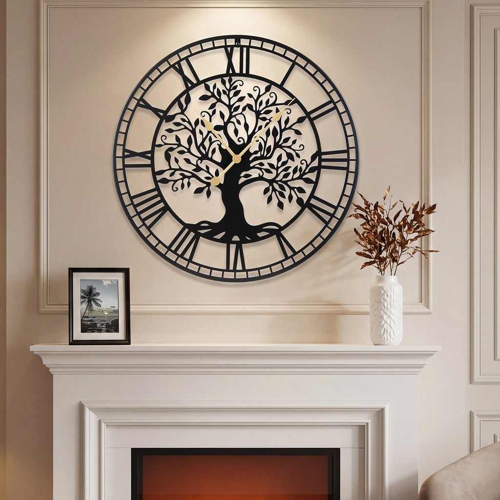Large Wall Clock 27 Inch Tree of Life Metal Wall Decor Black Variation