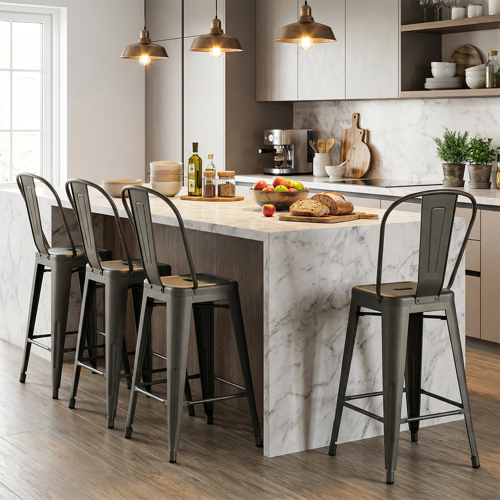 Metal Bar Stools Set of 4 with Backrest and Footrests - High Back, Gun