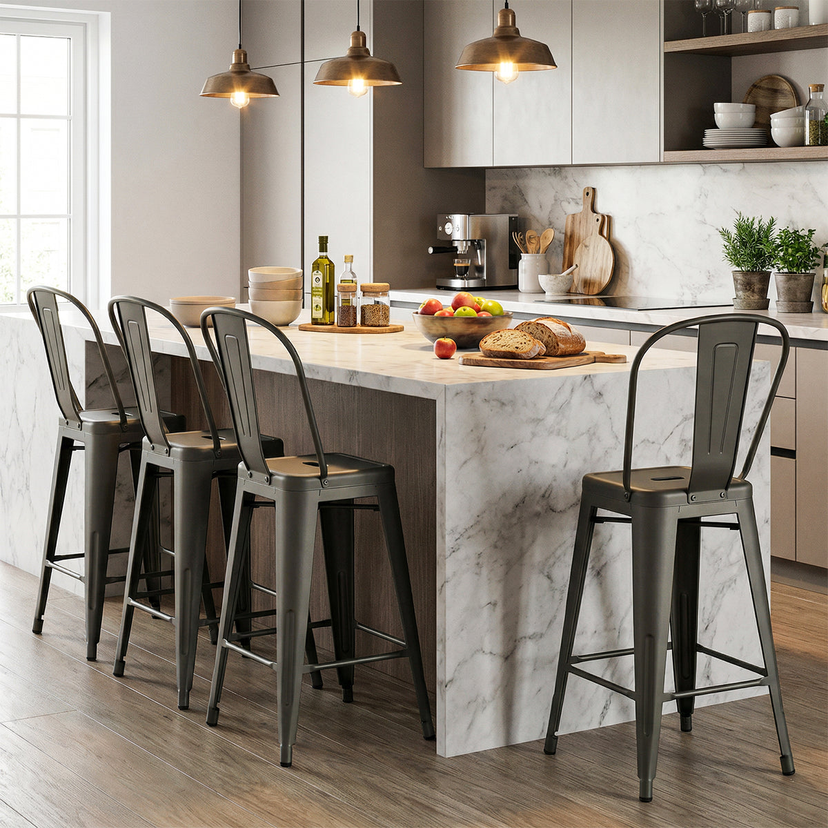 Metal Bar Stools Set of 4 with Backrest and Footrests - High Back, Gun