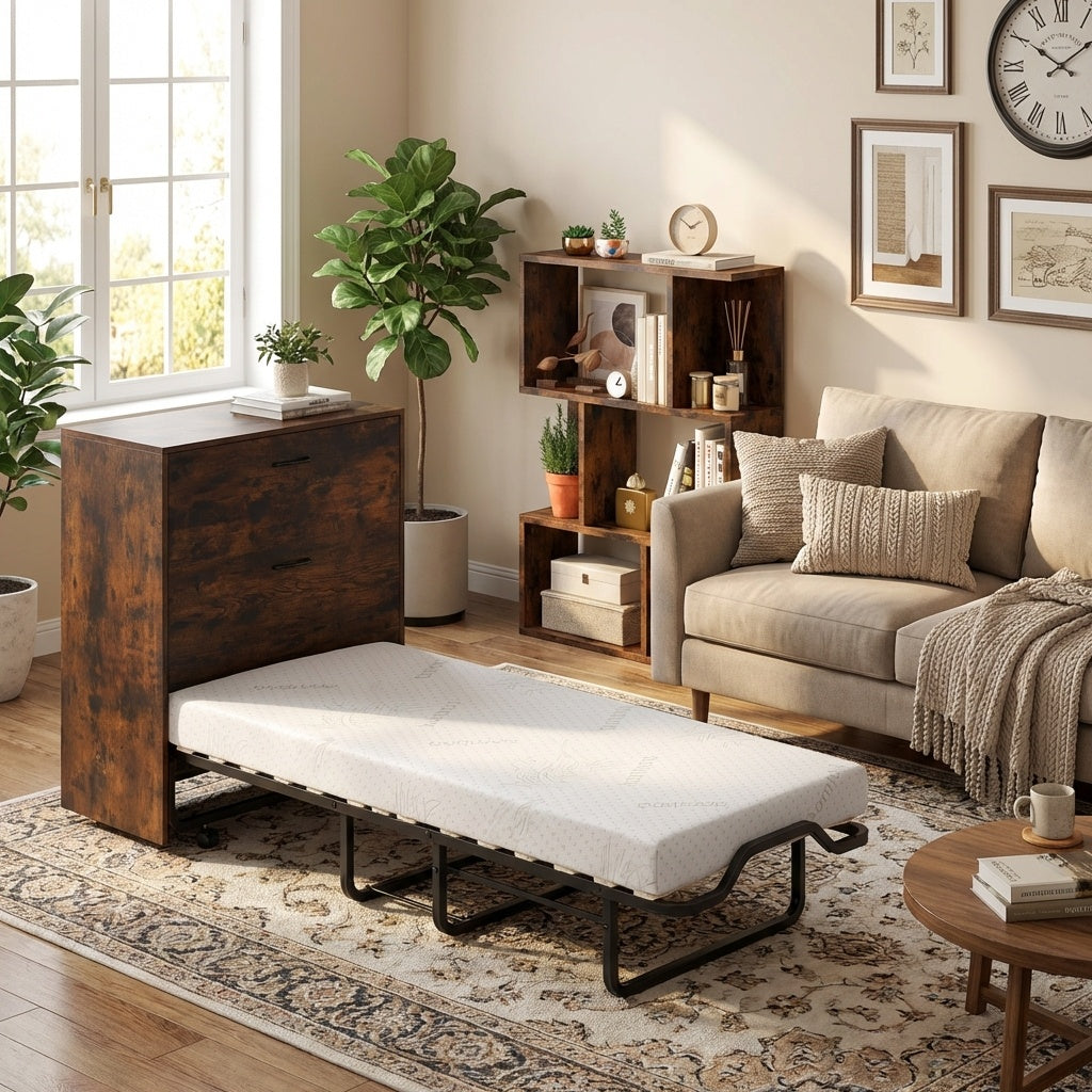 3-Piece Living Room Furniture Set with Teddy Sofa, Bookshelf & Murphy Bed