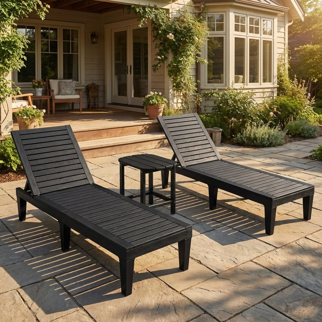 3-Piece Outdoor Adjustable Chaise Lounge Set with 2 Recliners and 1