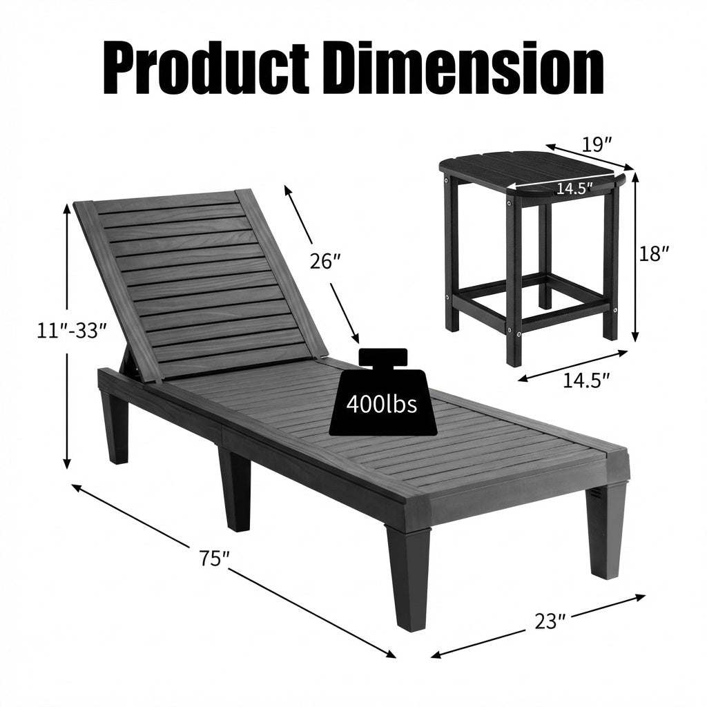 3-Piece Outdoor Adjustable Chaise Lounge Set with 2 Recliners and 1