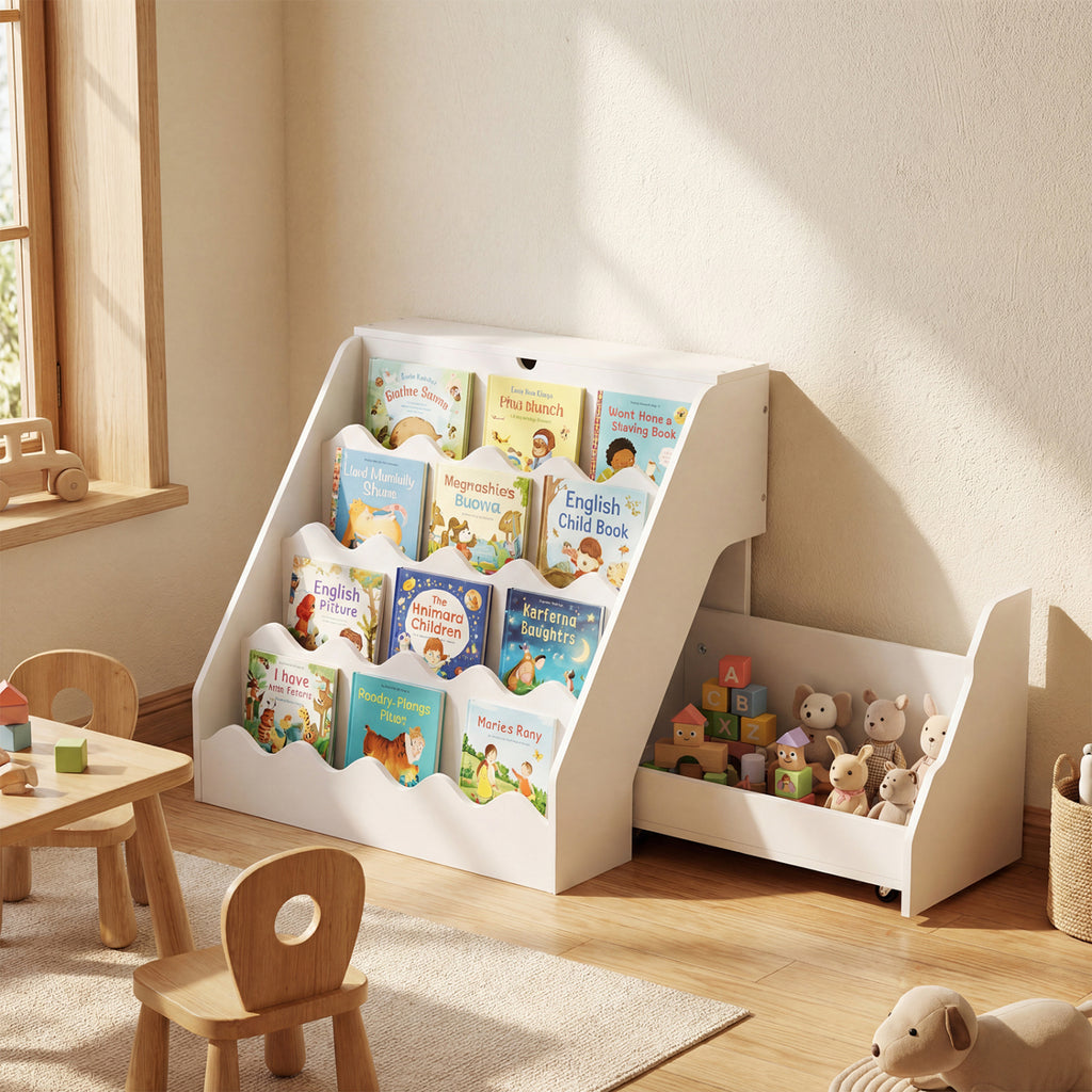 2-In-1 Kids Bookshelf & Toy Storage Organizer - White, 4-Tier with Flip Compartment