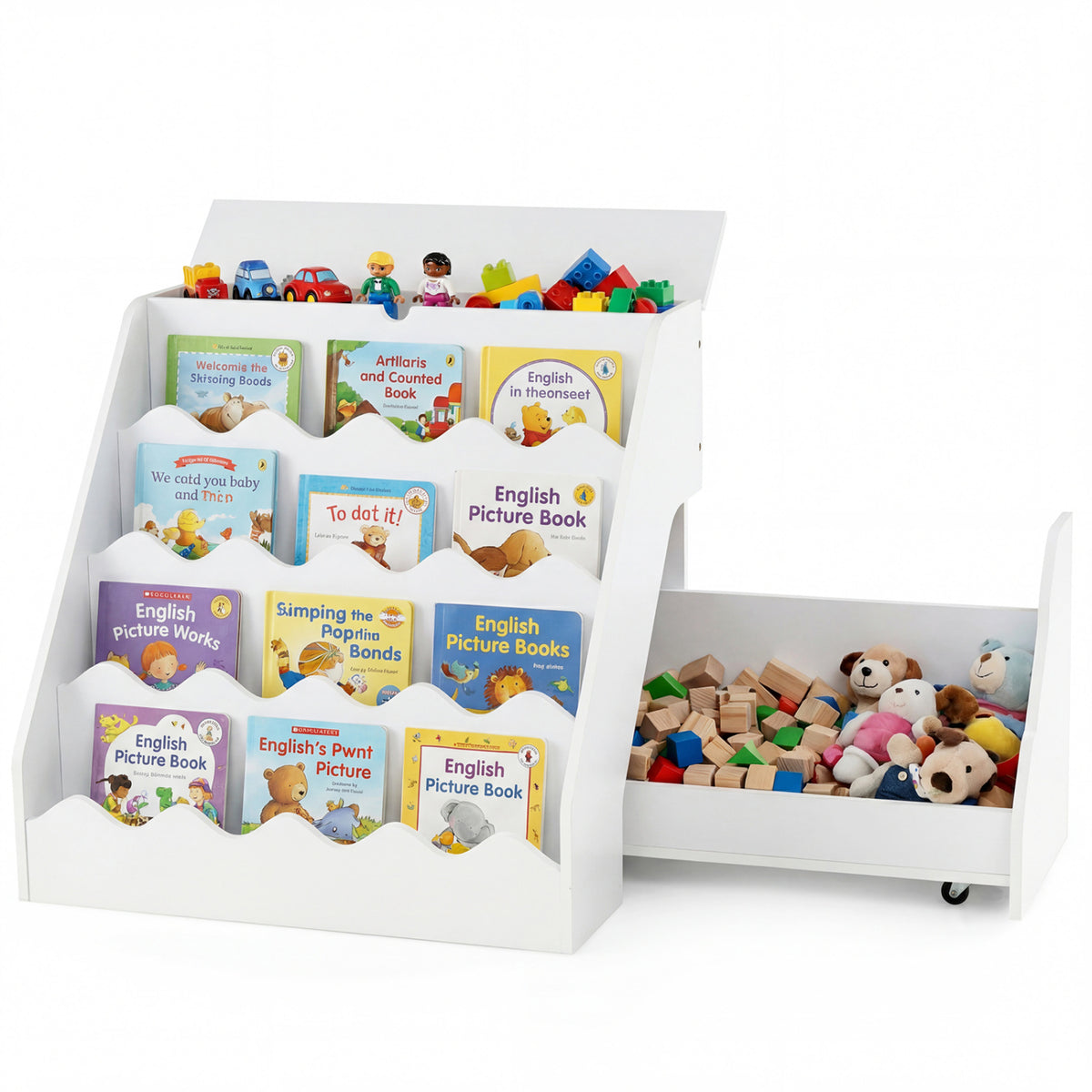 2-In-1 Kids Bookshelf & Toy Storage Organizer - White, 4-Tier with Flip Compartment
