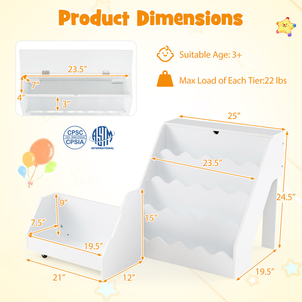 2-In-1 Kids Bookshelf & Toy Storage Organizer - White, 4-Tier with Flip Compartment