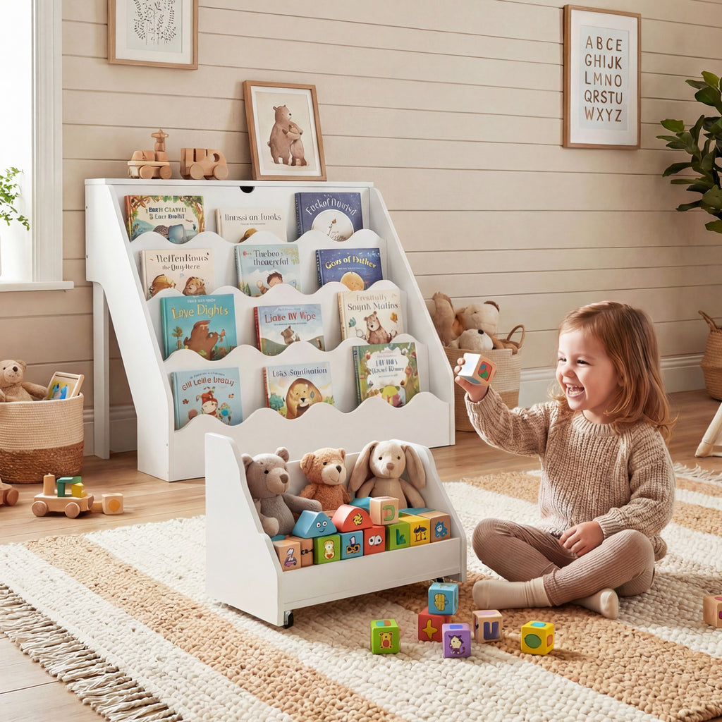 2-In-1 Kids Bookshelf & Toy Storage Organizer - White, 4-Tier with Flip Compartment