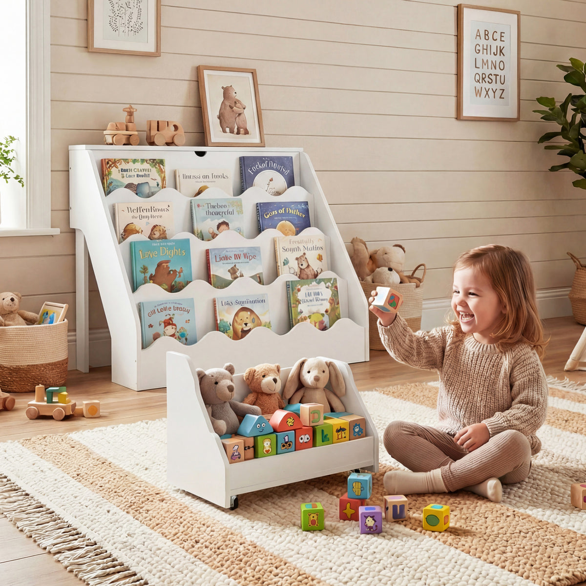 2-In-1 Kids Bookshelf & Toy Storage Organizer - White, 4-Tier with Flip Compartment