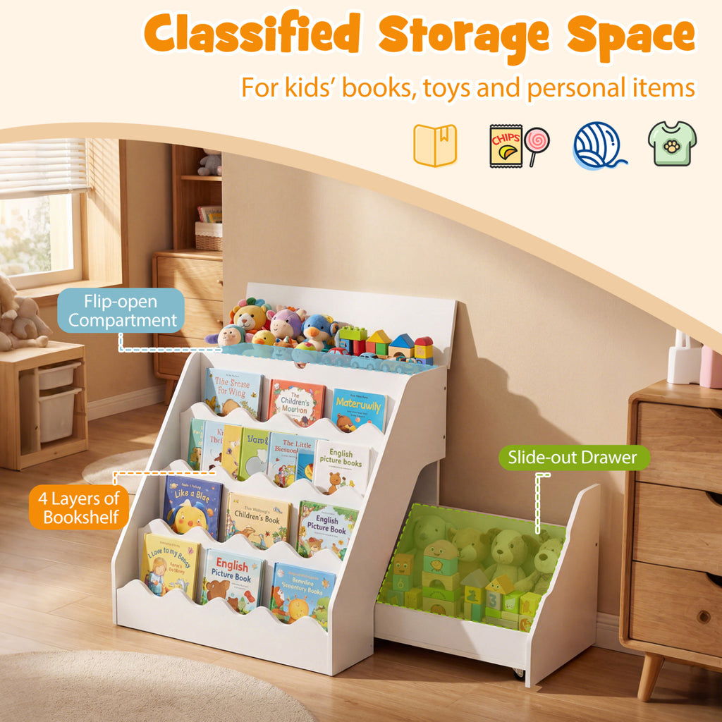 2-In-1 Kids Bookshelf & Toy Storage Organizer - White, 4-Tier with Flip Compartment
