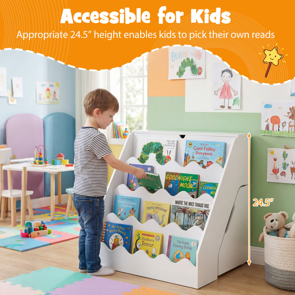 2-In-1 Kids Bookshelf & Toy Storage Organizer - White, 4-Tier with Flip Compartment