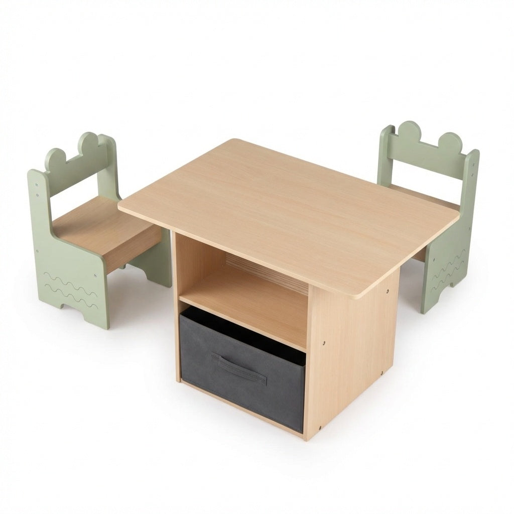 Wooden Kids Table and Chairs Set with 2 Open Storage Compartments - Green, Safe & Easy to Clean
