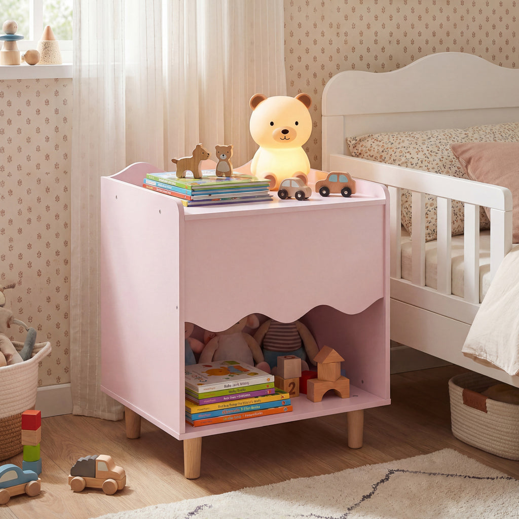 Pink Toddler Scalloped Side Table with Storage & Open Compartment