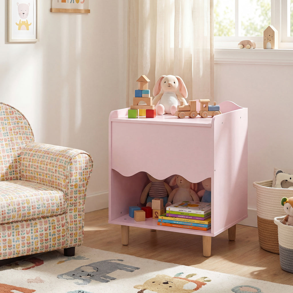 Pink Toddler Scalloped Side Table with Storage & Open Compartment