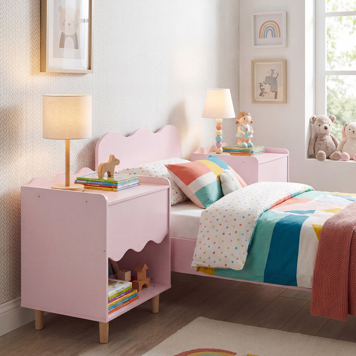Pink Toddler Scalloped Side Table with Storage & Open Compartment