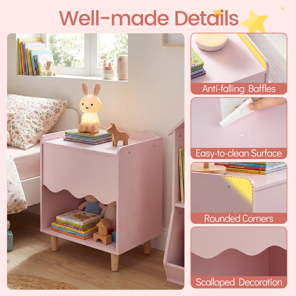 Pink Toddler Scalloped Side Table with Storage & Open Compartment