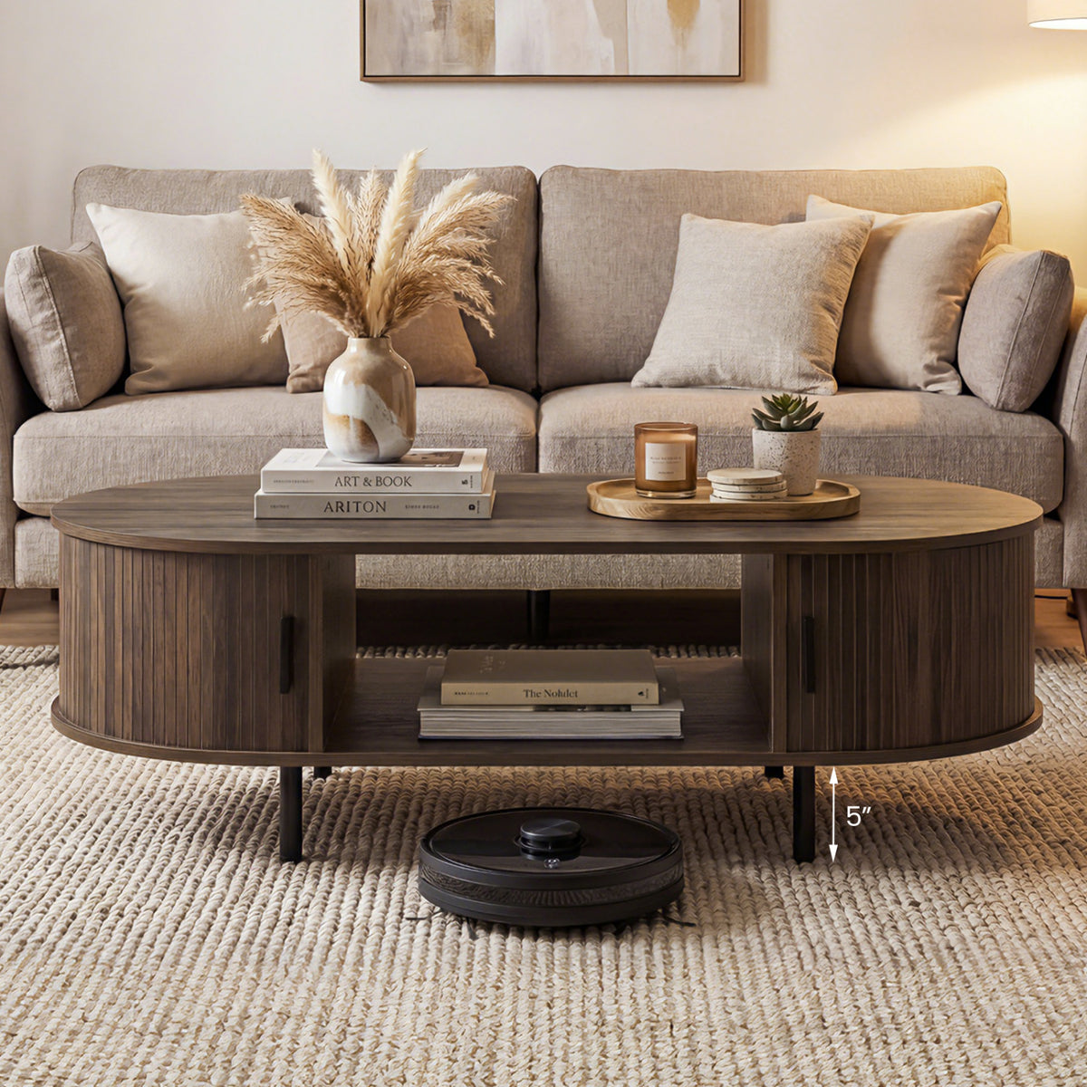 Oval Coffee Table with Storage, Walnut - 47.5in