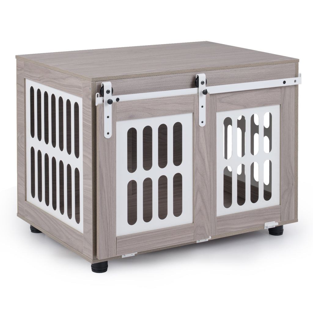 Dog Crate Furniture with Sliding Barn Door - Small Medium Dogs, Gray, with 4 Adjustable Foot Pads