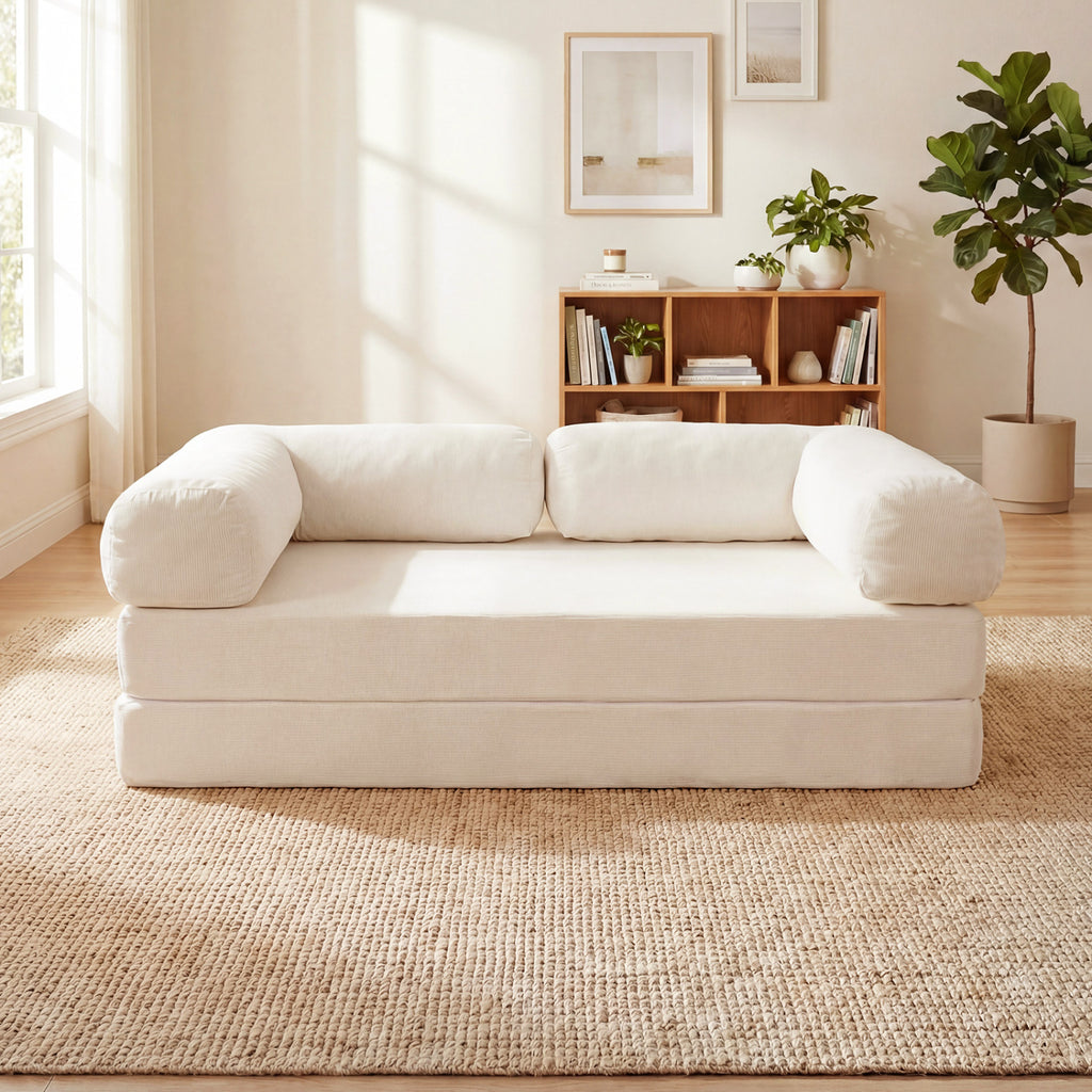 4-in-1 Convertible Folding Sofa Bed, Beige Corduroy - 59 Inch