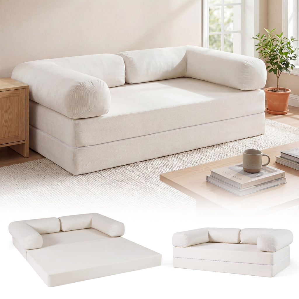 4-in-1 Convertible Folding Sofa Bed, Beige Corduroy - 59 Inch
