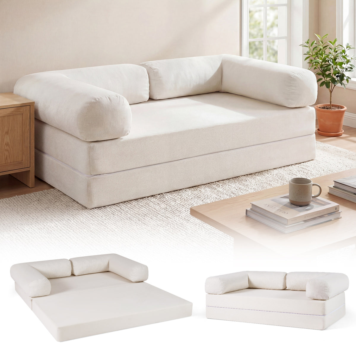 4-in-1 Convertible Folding Sofa Bed, Beige Corduroy - 59 Inch